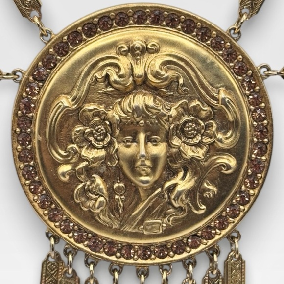 GOLDETTE Signed 1960's Art Nouveau Goddess Revival Crystal Pendant Necklace - Picture 4 of 13
